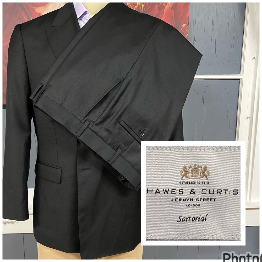 Hawes & Curtis Suit Mens 44S Short Slim‎ Fit Wool Cuffed Pants 38x26 Black